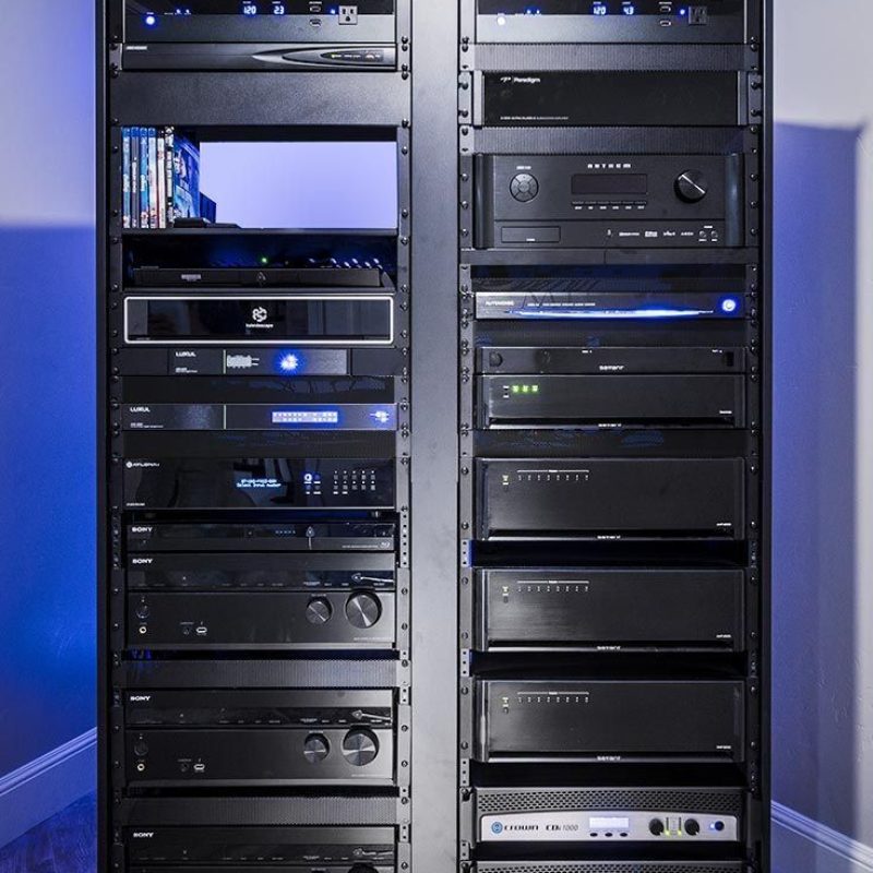 av 2 racks with blue glow